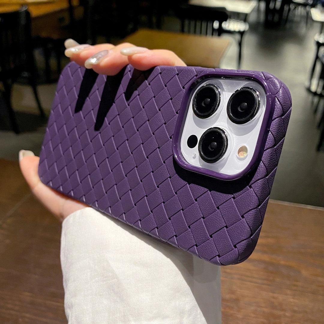 Slim & durable woven texture iPhone case for women. Offers superior phone protection and wireless charging compatibility.