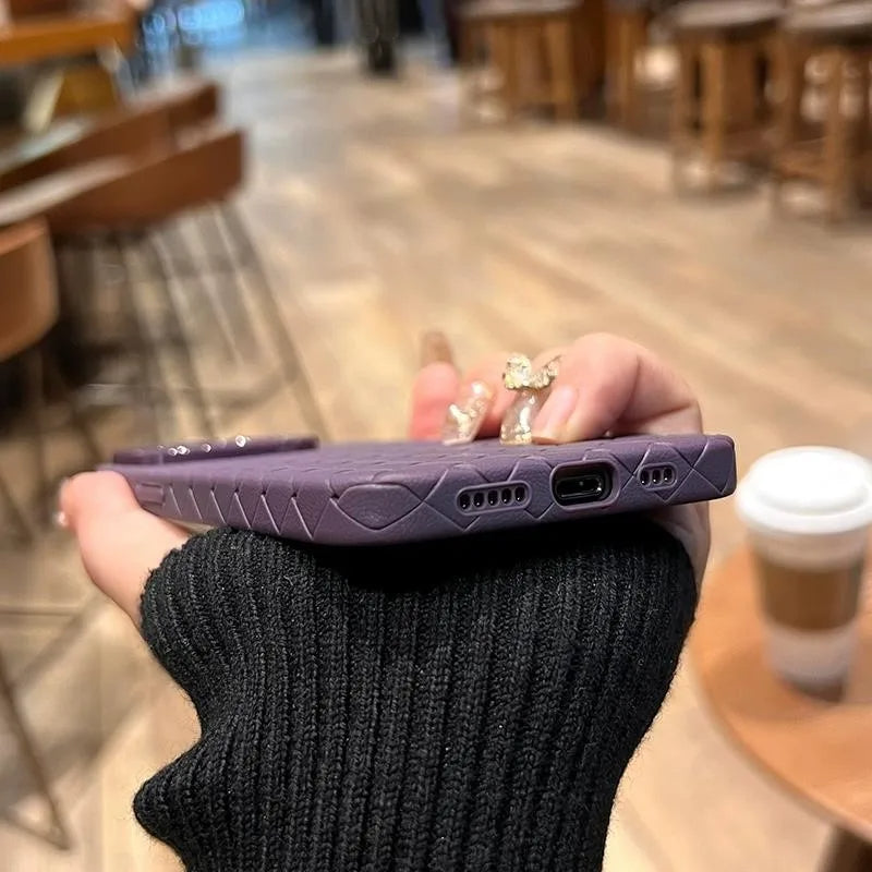 Fashionable women's iPhone case with a tactile woven design. Scratch-resistant, anti-slip, and super protective.