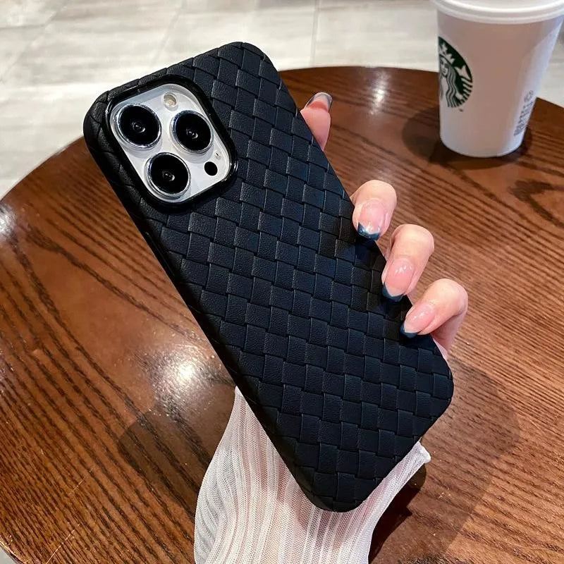 Premium women's woven texture iPhone case. Slim fit, durable TPU silicone, and perfect for wireless charging.