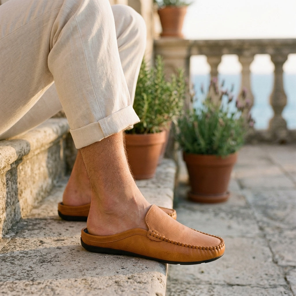 Comfortable women's slip-on mule loafers, hand-stitched. Elegant flat casual footwear, great for summer style.