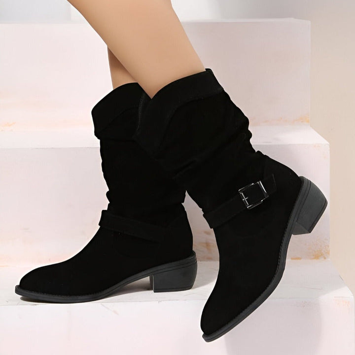 Women's slouchy ankle boots, featuring a comfortable low heel and chic buckle strap. Ideal for fall fashion.