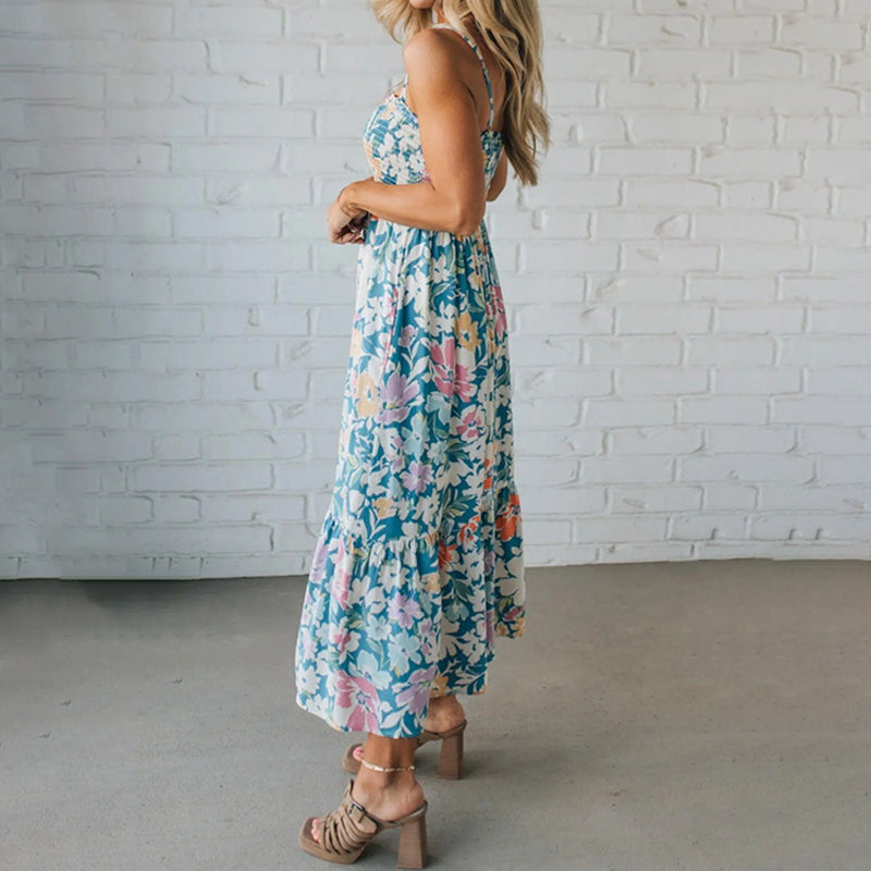 Comfortable smocked floral maxi dress for women, stylish summer fashion.