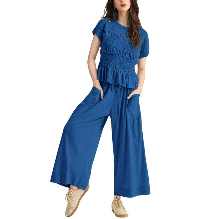 Elegant women's two-piece smocked wide leg lounge set for effortless style and ultimate comfort.