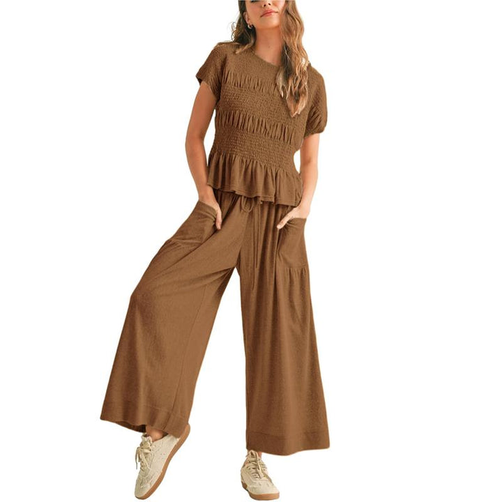 Comfortable cotton blend matching set for women. Smocked top & wide leg pants lounge outfit.