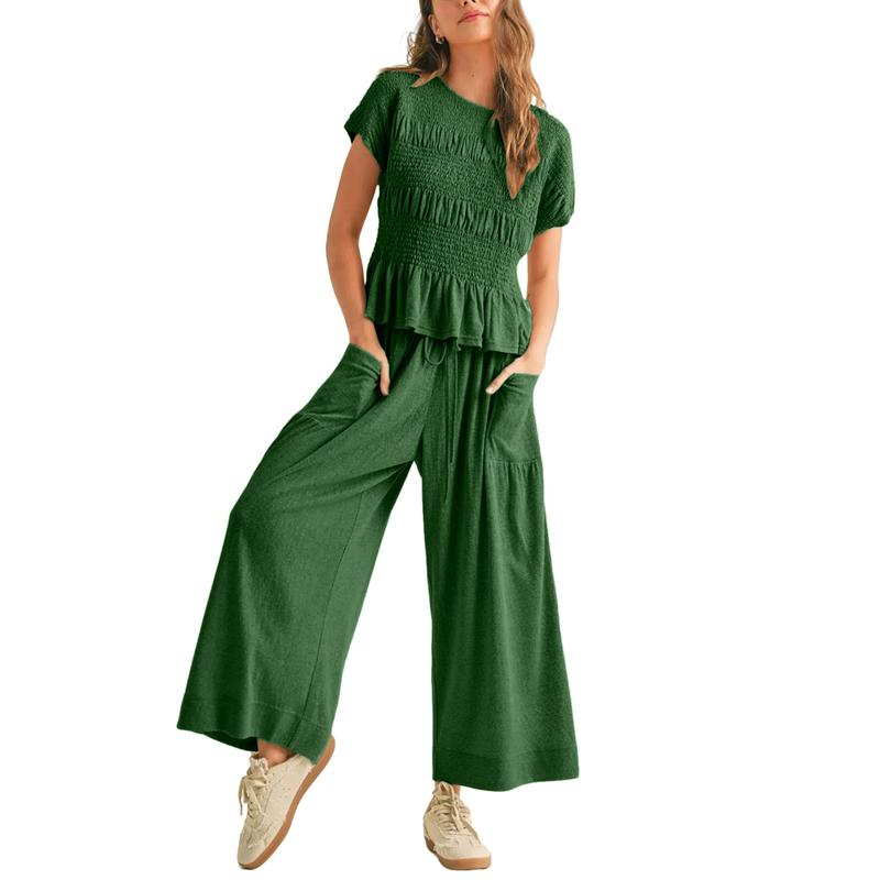 Women's casual chic smocked wide leg lounge set. Effortless two-piece comfort in a cotton blend.