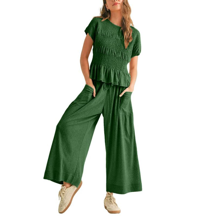 Women's casual chic smocked wide leg lounge set. Effortless two-piece comfort in a cotton blend.