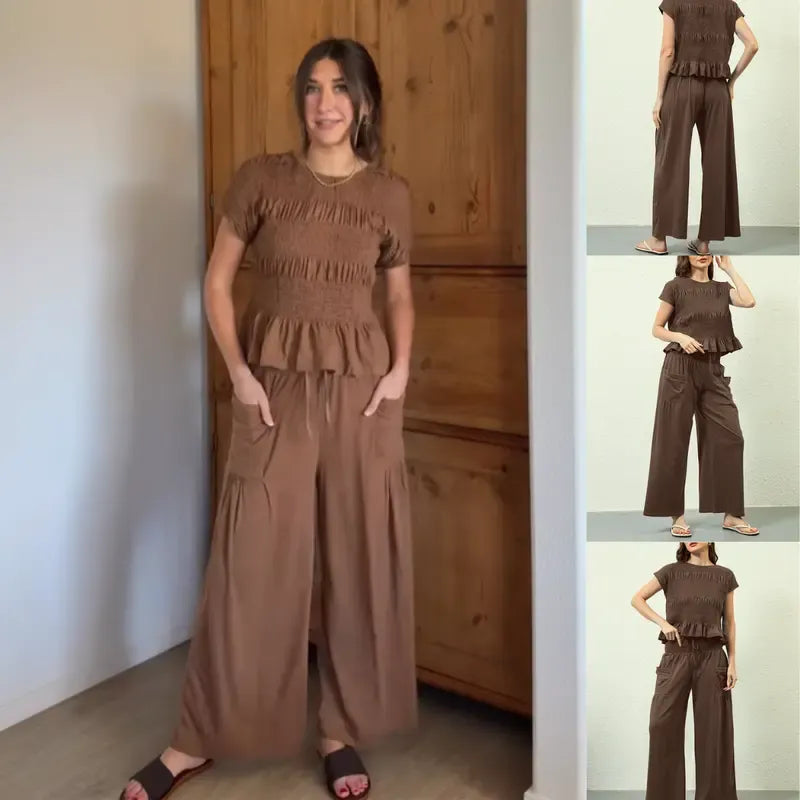 Soft cotton blend women's smocked wide leg lounge set, ideal for relaxed yet elegant everyday wear.