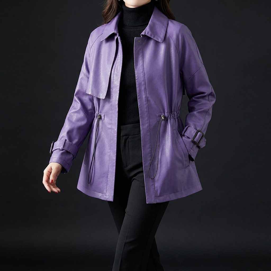 Relaxed fit khaki women's jacket, smooth feel fashion outerwear for comfort and everyday casual style.