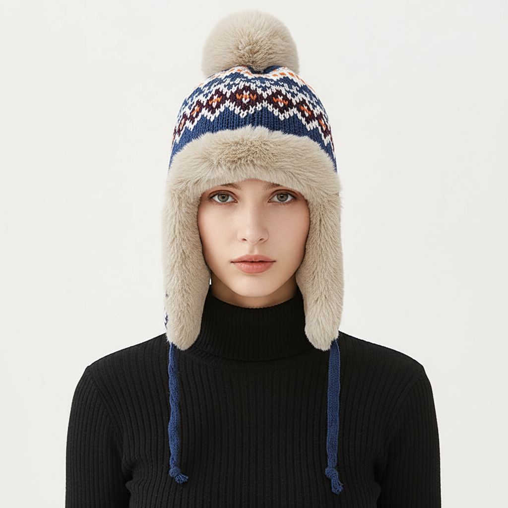 Close-up of SnugHat women's winter beanie, showing soft cotton-polyester fabric, ear protection, and thick lining