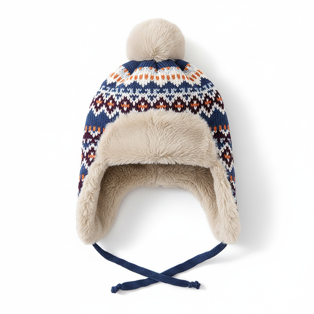 Front view of a SnugHat women's protective ear flap beanie, designed for warmth and comfort in cold weather