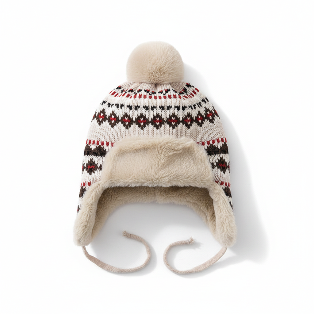 Detailed image of SnugHat women's warm beanie, showcasing its ear flaps, lining, and durable cotton-poly blend