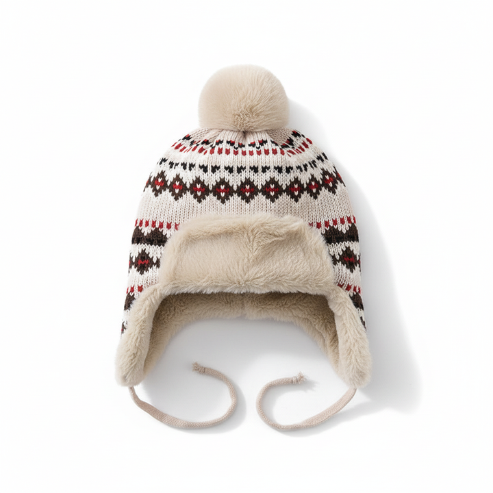 Detailed image of SnugHat women's warm beanie, showcasing its ear flaps, lining, and durable cotton-poly blend