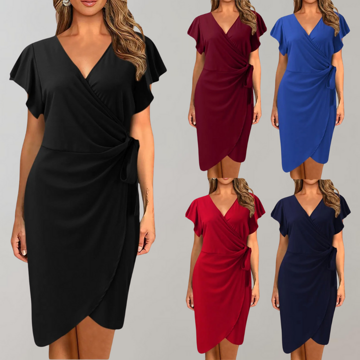 Women's Sofia summer dress. Lightweight, breezy short sleeves & knee-length, offering casual chic for warm days.