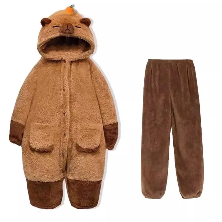 Women's soft capybara hooded pajama set, ideal for comfy sleepwear & cozy loungewear. Cute animal design.