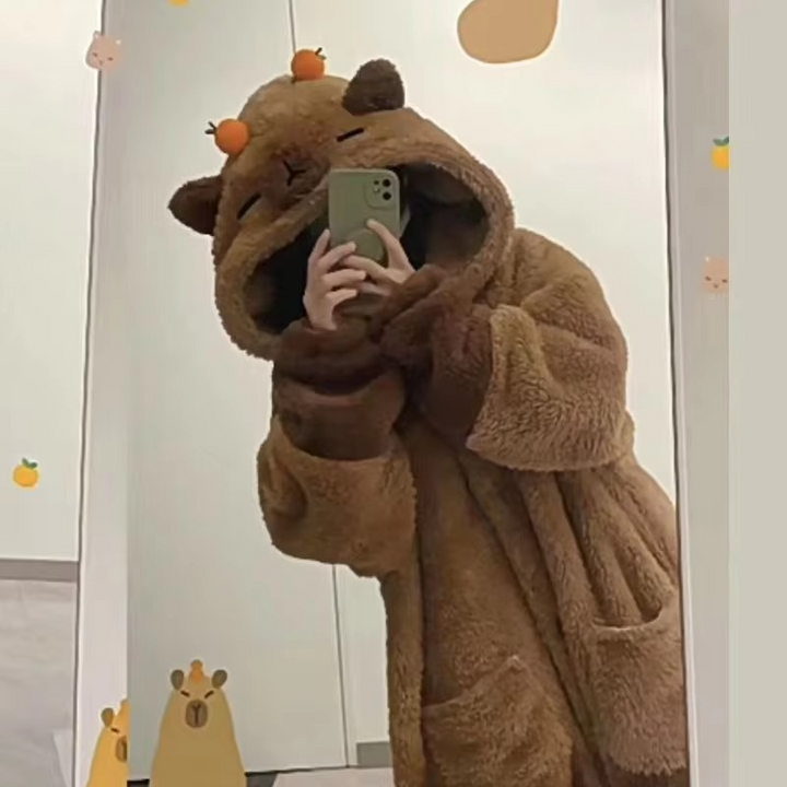 Comfy women's soft capybara hooded pajama set. Perfect kawaii sleepwear and cozy loungewear with animal design.