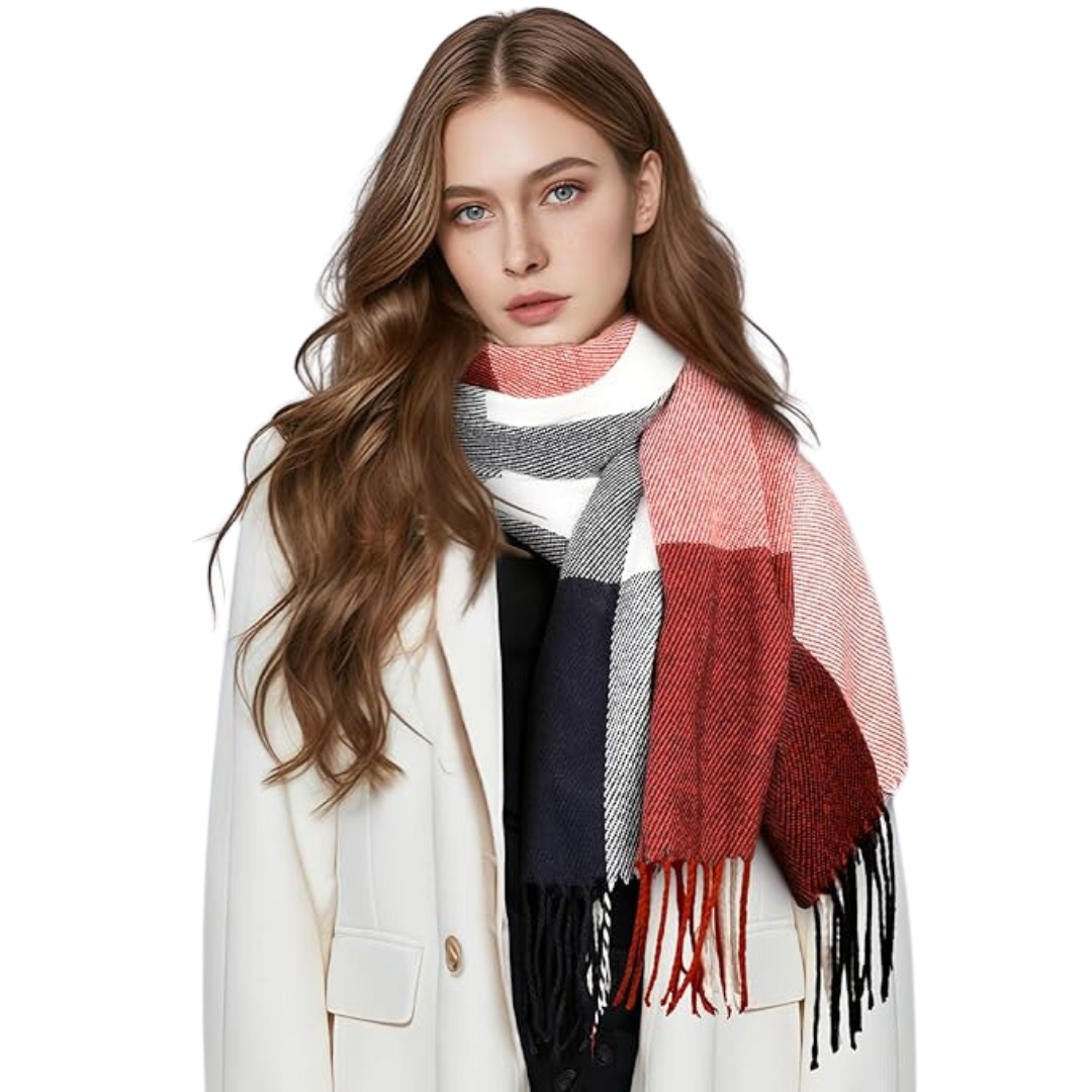 Women's soft cashmere blend plaid winter scarf, red and black plaid pattern, warm accessory for cold weather.