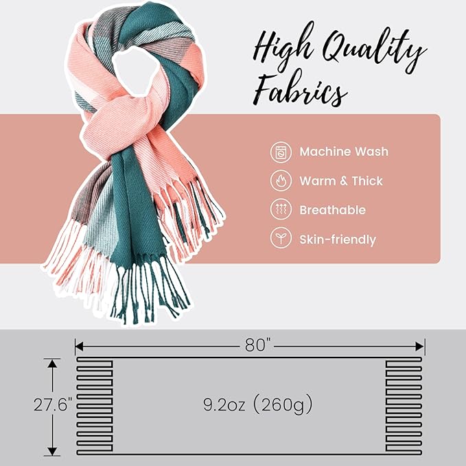 Product shot of a women's cashmere blend plaid scarf, clean white background, showcasing pattern and fringe.