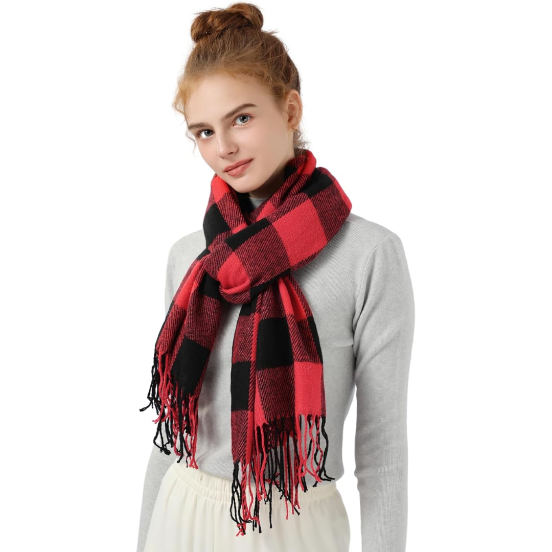 Fashionable women's cashmere blend plaid scarf, cream and brown checks, ideal for winter outfits, luxurious feel.