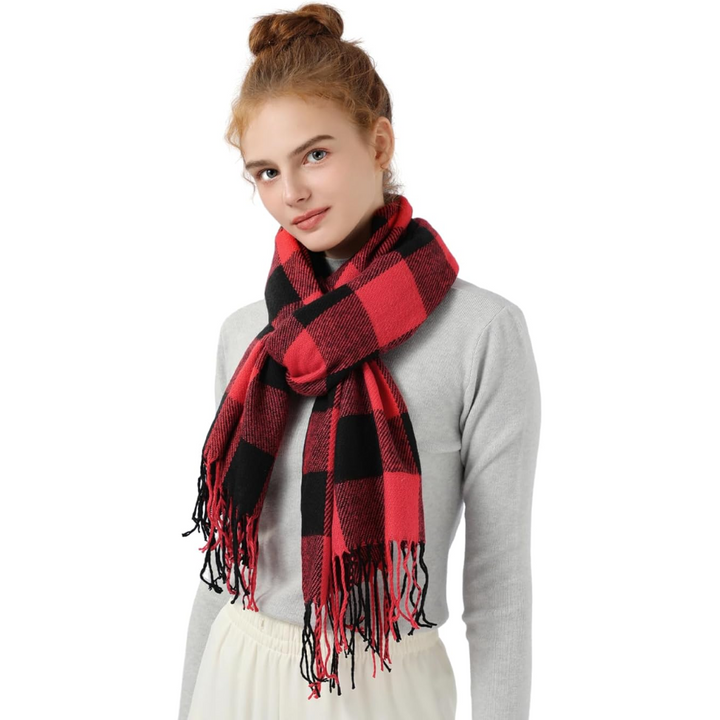 Fashionable women's cashmere blend plaid scarf, cream and brown checks, ideal for winter outfits, luxurious feel.