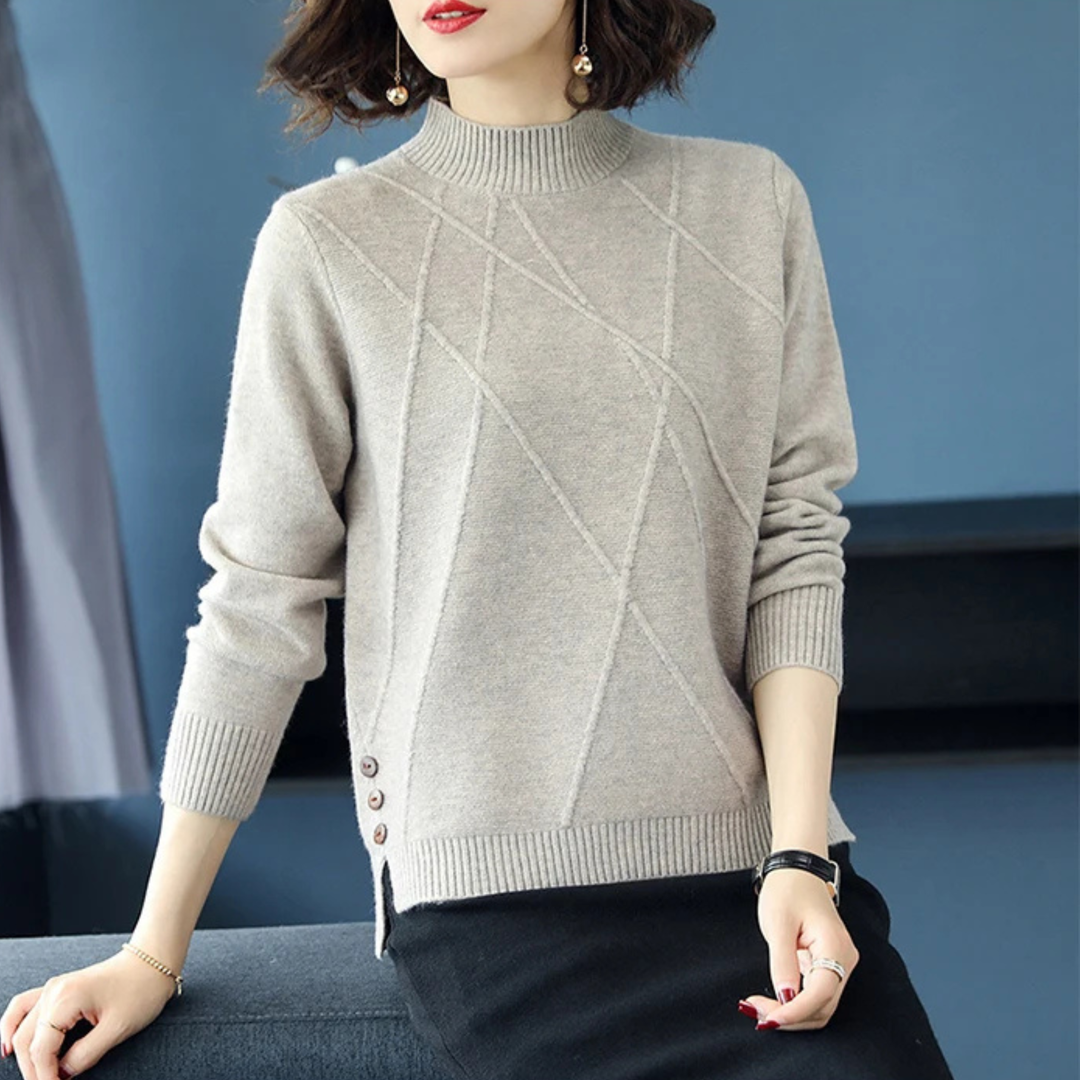 Soft diamond pattern women's turtleneck sweater, stylish and warm winterwear for comfort.