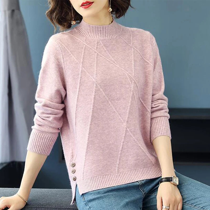 Close-up of soft diamond pattern knit on a cozy women's turtleneck sweater, stylish fall/winter.