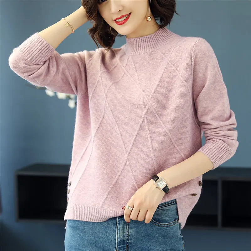 Side profile of stylish women's soft diamond pattern turtleneck sweater, offering comfortable fit.