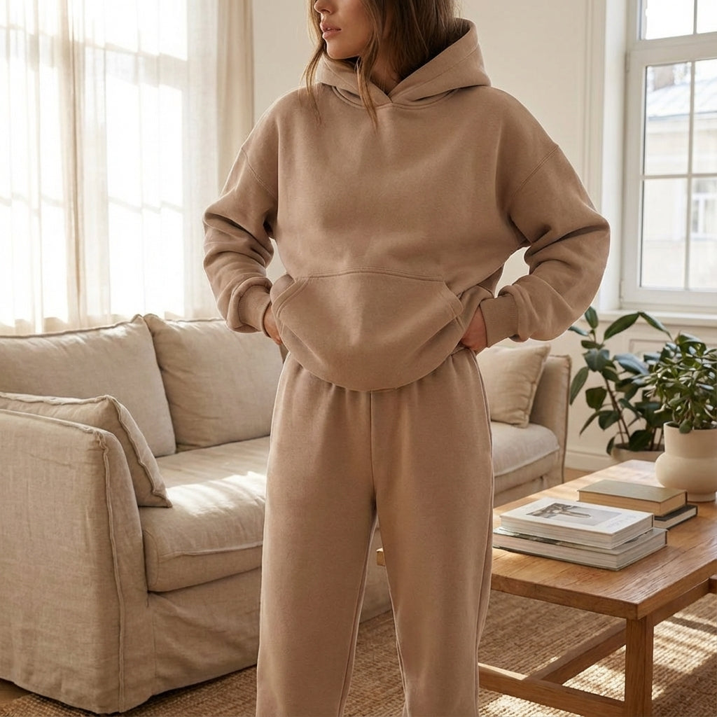 Women's soft fabric casual tracksuit set in oversized fit, perfect for loungewear comfort.