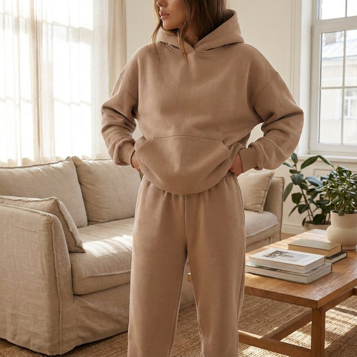 Women's soft fabric casual tracksuit set in oversized fit, perfect for loungewear comfort.