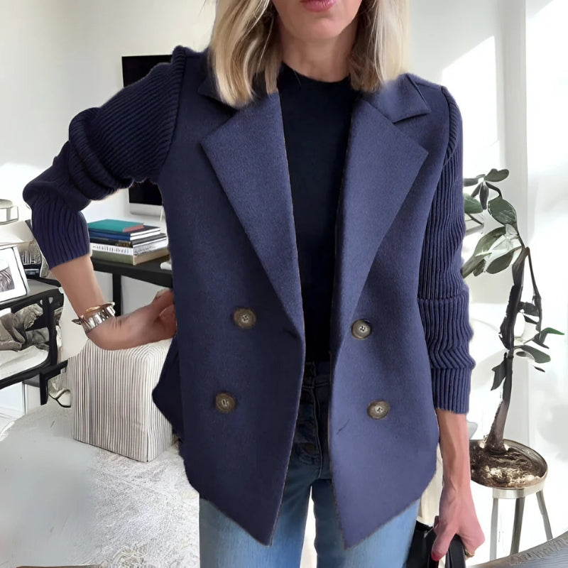 Luxurious soft knit women's blazer, functioning as a stylish sweater or light outerwear jacket for fashion.
