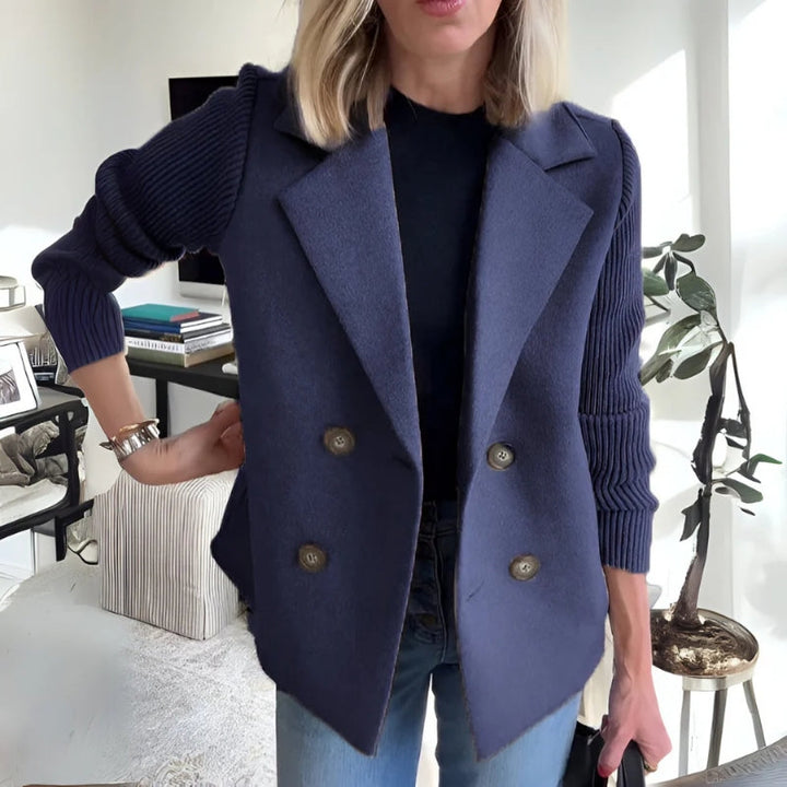 Luxurious soft knit women's blazer, functioning as a stylish sweater or light outerwear jacket for fashion.