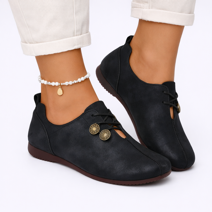 Woman wearing stylish orthopedic comfort loafers with casual outfit. Perfect slip-on shoes for everyday fashion.