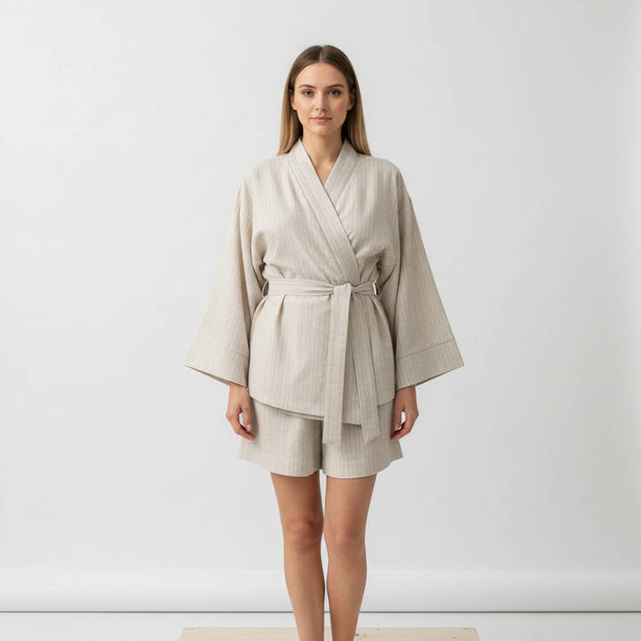 PastelBeauty women's pajama set featuring a soft kimono-style robe and matching shorts