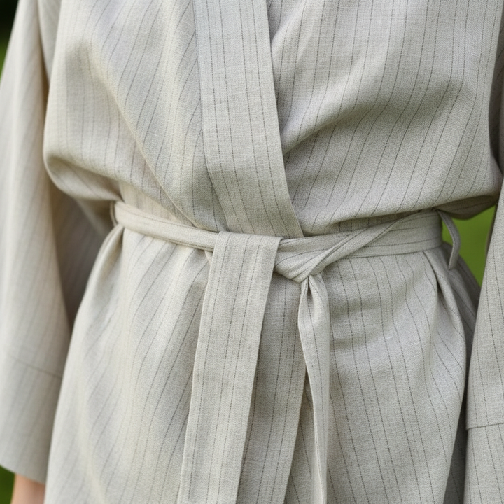 Comfortable women's two-piece outfit with a soft fabric kimono robe and shorts in pastel colors