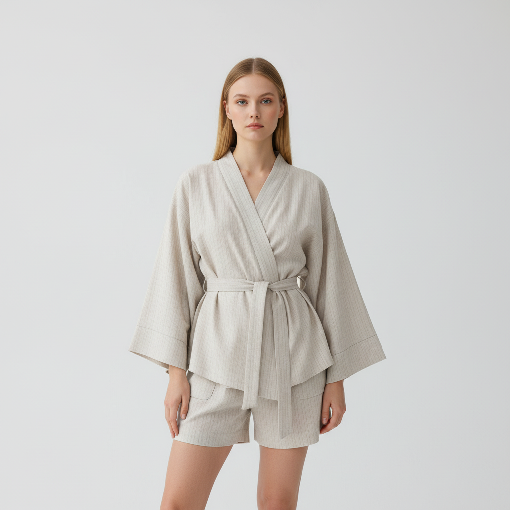 Soft pastel loungewear women's kimono and shorts set, perfect for relaxing and sleeping