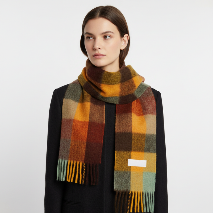 Close-up of a women's plaid cashmere-like scarf, soft and warm