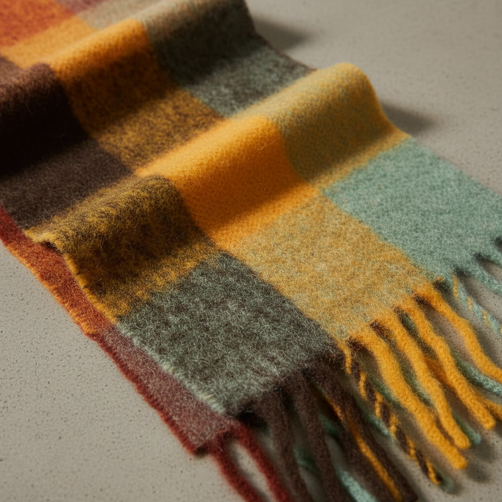 Stylish women's fluffy plaid scarf draped around neck, winter fashion