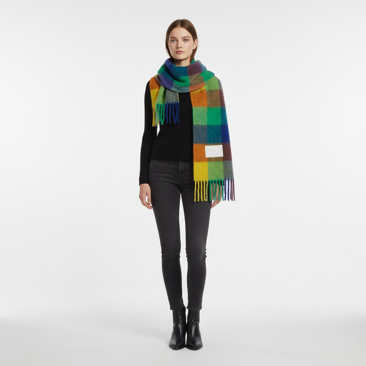 Women's winter warm fluffy scarf with classic plaid pattern