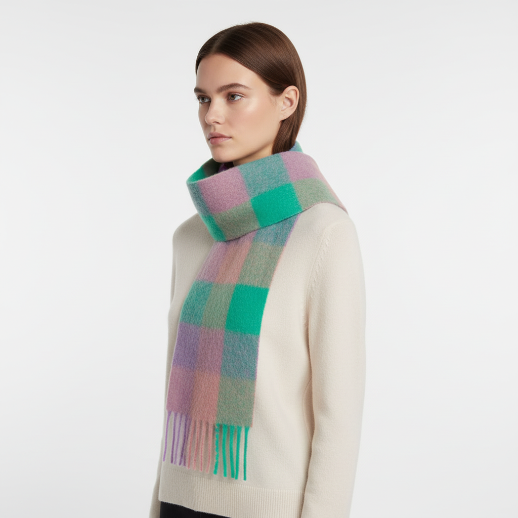 Elegant women's warm fluffy plaid scarf, a chic winter accessory