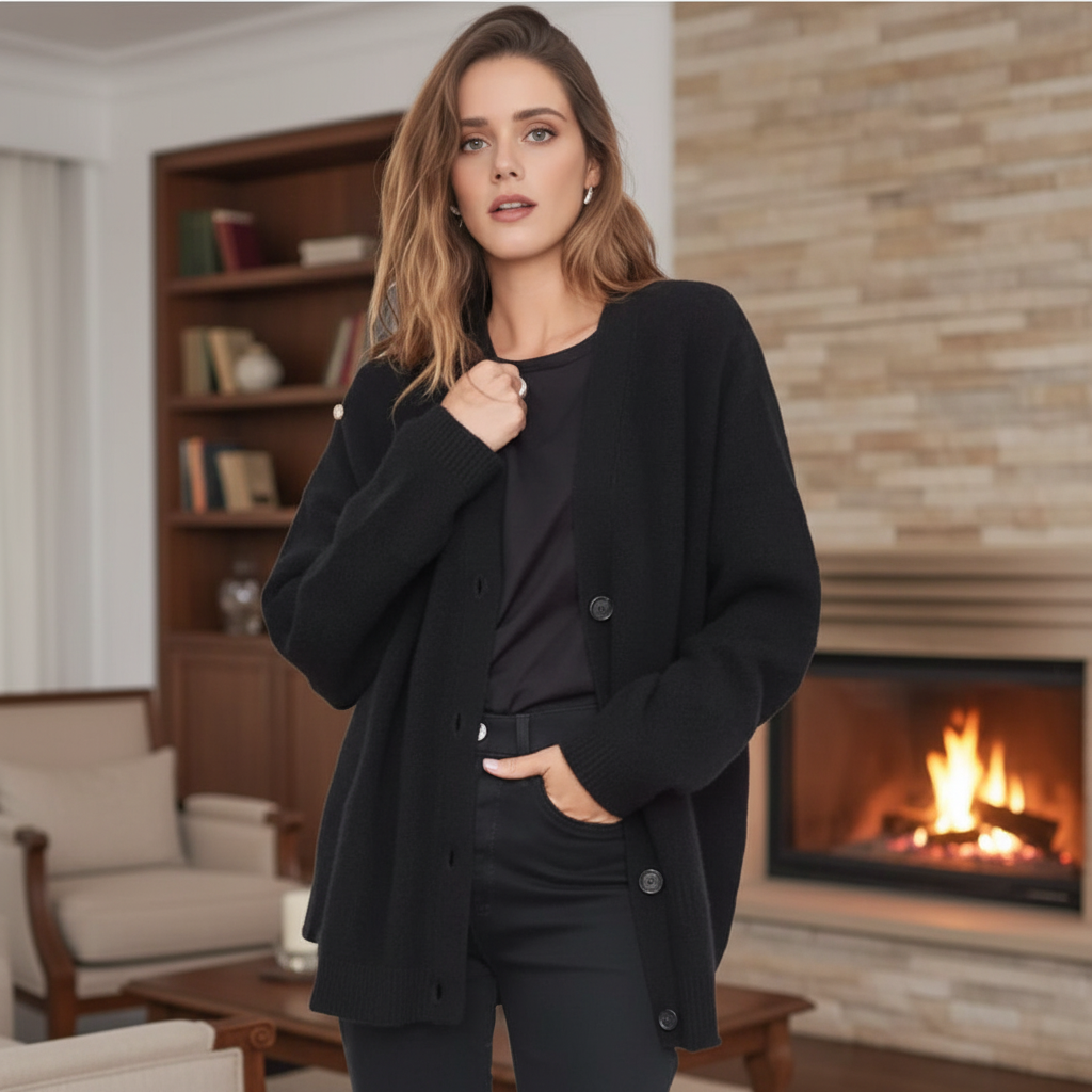 Women's soft warm V-neck cashmere sweater, relaxed fit, perfect for winter fashion.
