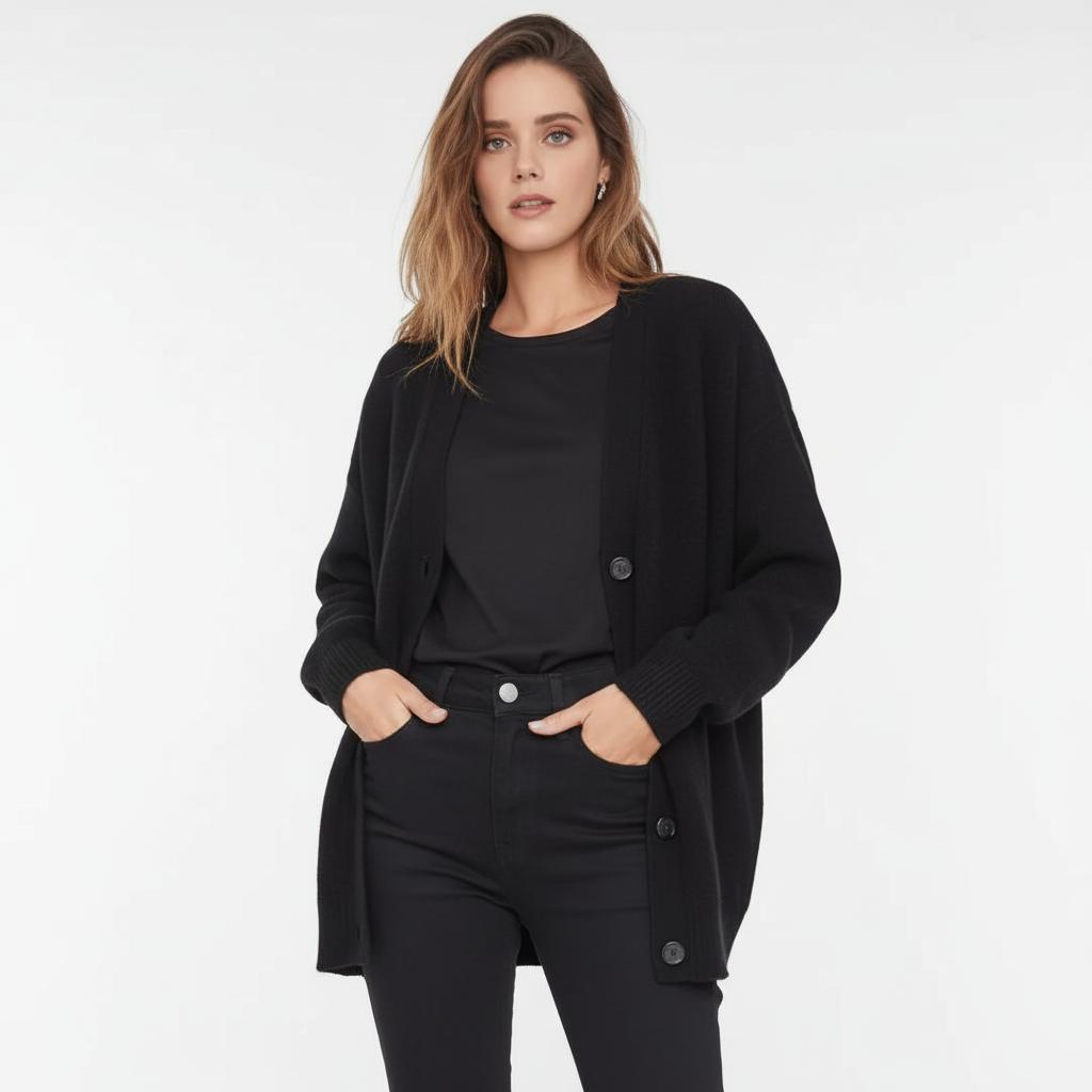 Casual chic women's long sleeve V-neck cashmere sweater in a soft knit fabric.