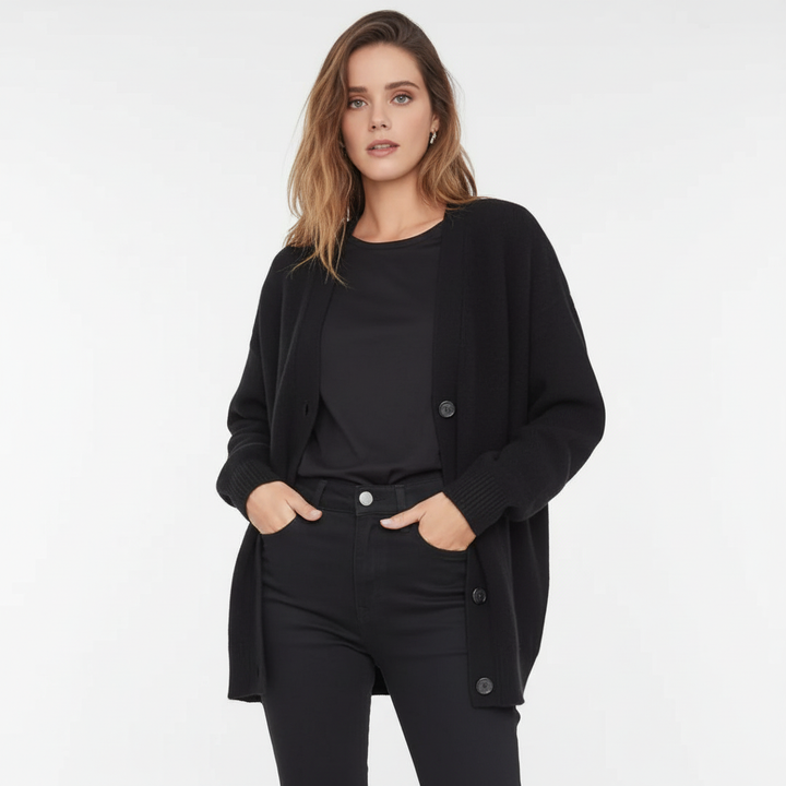 Casual chic women's long sleeve V-neck cashmere sweater in a soft knit fabric.