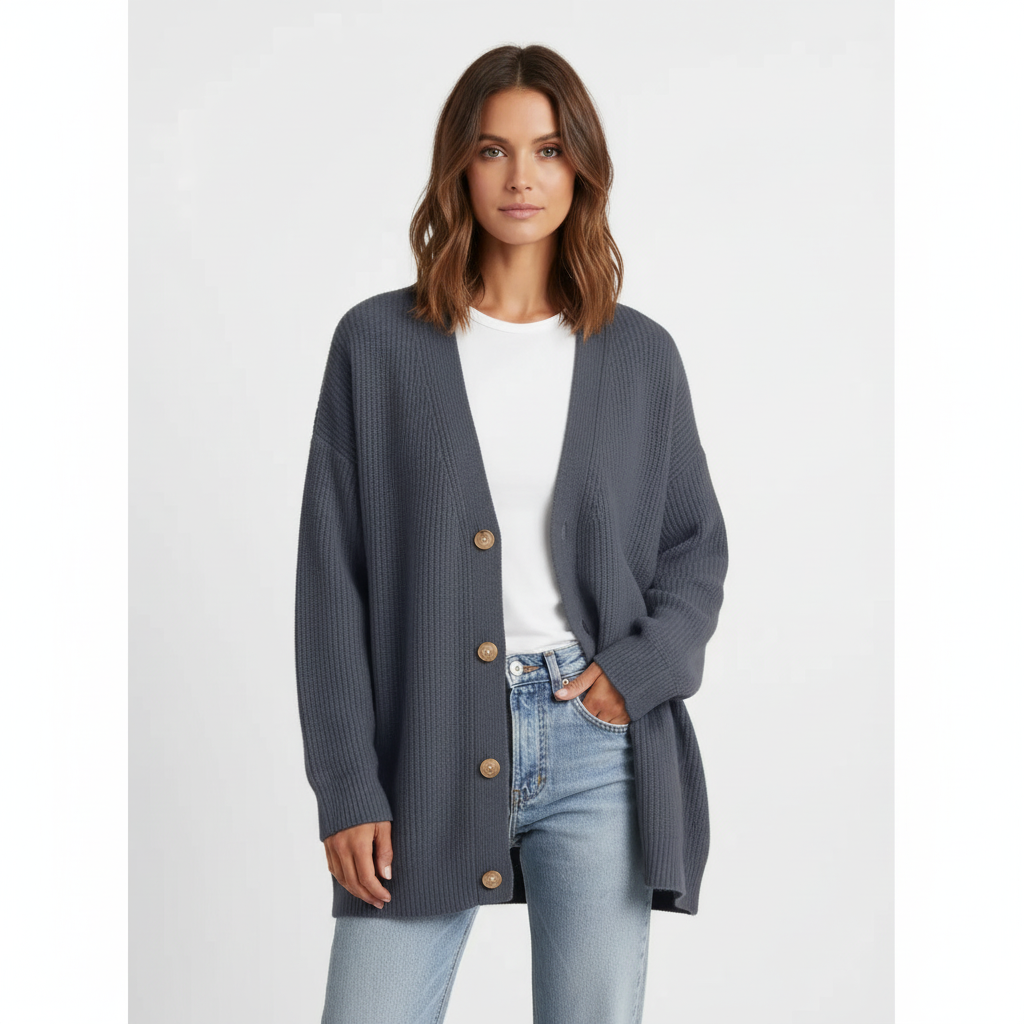Front view of a women's warm V-neck cashmere sweater, a versatile winter fashion piece.