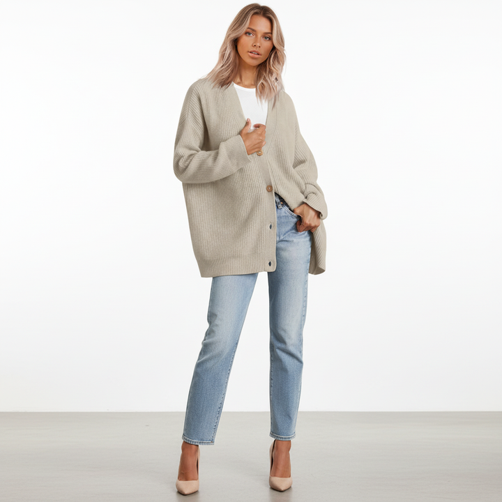Stylish women's V-neck cashmere sweater, embodying casual chic and warmth.
