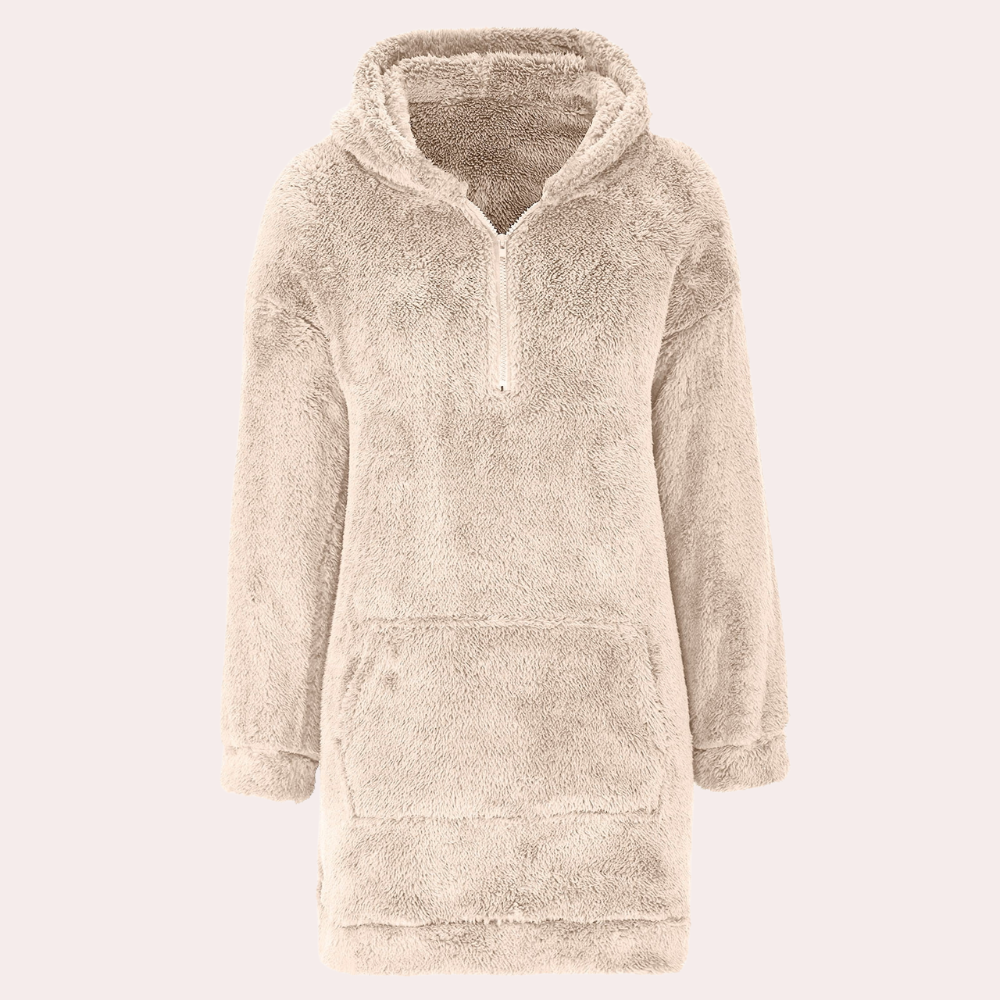 Women's warm knitted zip-up jumper. Soft long-sleeve sweater, ideal for cold weather comfort.