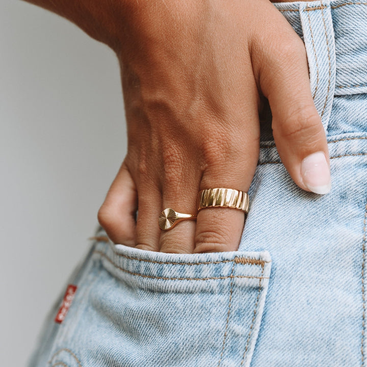 Everyday women's Solara Sun Signet Ring, a modern gold & silver statement sun jewelry.