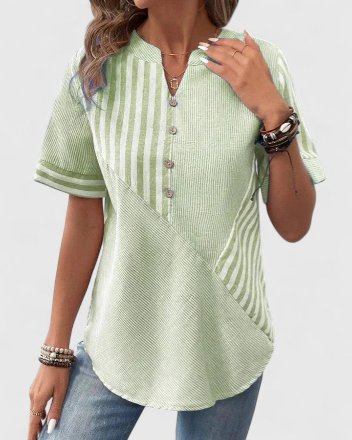 Stylish blue striped women's blouse, a versatile shirt for office fashion or casual elegant outfits.