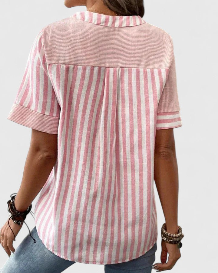 Blue striped women's elegant blouse, great for office style, casual chic, and versatile everyday wear.