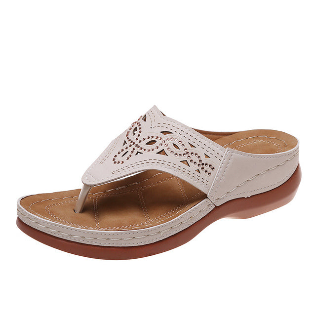 Soraya orthopedic massage wedge sandals, peach, with focus on the comfortable sole and straps