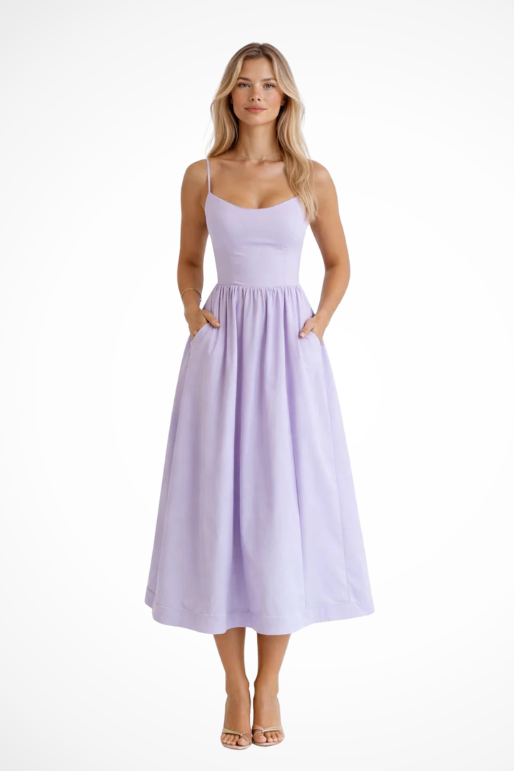 Women's spaghetti strap midi sundress, perfect for effortless spring & summer style.