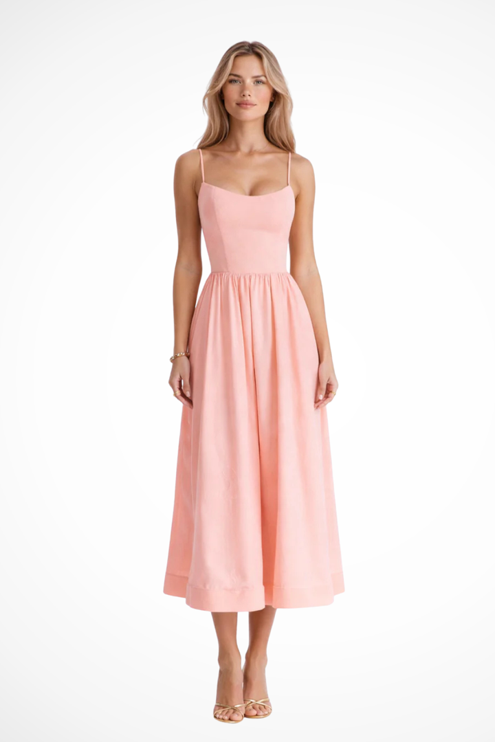 Elegant spaghetti strap midi dress for women, offering versatile casual and vacation wear.